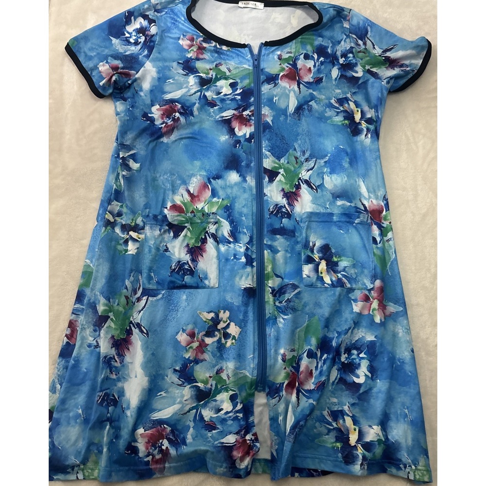 Ekouaer Women House Coat Robe Sm Multicolor Floral Zip Short Sleeve Loungewear